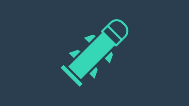 Tyrkysová ikona Raketa izolovaná na modrém pozadí. Grafická animace pohybu videa 4K — Stock video
