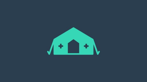 青の背景に隔離された患者のアイコンに応急処置を提供するターコイズ軍用医療テント。医療テントの人々への無料援助。4Kビデオモーショングラフィックアニメーション — ストック動画