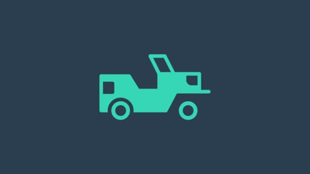 Turquoise Military jeep icon isolated on blue background. 4K Video motion graphic animation — Stock Video