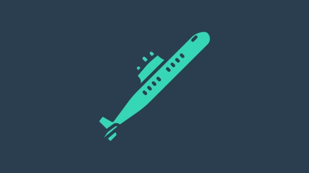 Turkusowa ikona łodzi podwodnej odizolowana na niebieskim tle. Statek wojskowy. 4K Animacja graficzna ruchu wideo — Wideo stockowe