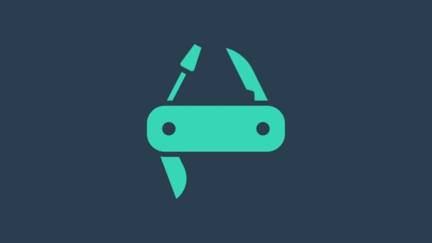 Tyrkysová ikona švýcarského nože izolovaná na modrém pozadí. Multifunkční, víceúčelový nůž. Multifunkční nástroj. Grafická animace pohybu videa 4K — Stock video