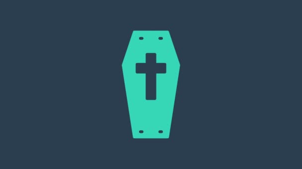 Turkusowa trumna z ikoną krzyża chrześcijańskiego odizolowana na niebieskim tle. Wesołego Halloween. 4K Animacja graficzna ruchu wideo — Wideo stockowe