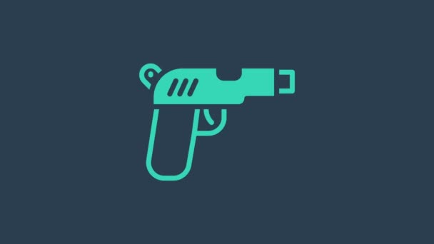 Turkos Pistol eller pistol ikon isolerad på blå bakgrund. Polis eller militär pistol. Ett litet skjutvapen. 4K Video motion grafisk animation — Stockvideo
