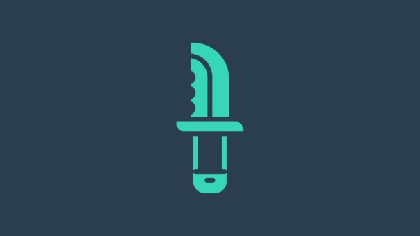 Tyrkysová ikona vojenského nože izolovaná na modrém pozadí. Grafická animace pohybu videa 4K — Stock video