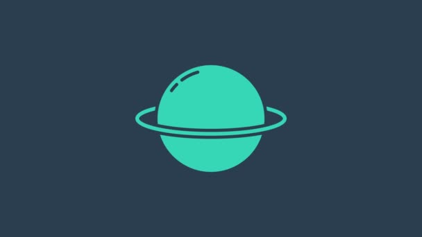 Türkiz bolygó Szaturnusz bolygógyűrű ikon elszigetelt kék alapon. 4K Videó mozgás grafikus animáció — Stock videók