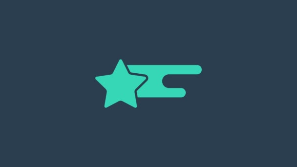 Turquoise Spadająca ikona gwiazdy odizolowana na niebieskim tle. Spadająca gwiazda ze szlakiem gwiezdnym. Meteoryt, meteoryt, kometa, asteroida, ikona gwiazdy. 4K Animacja graficzna ruchu wideo — Wideo stockowe