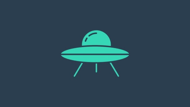 Icona turchese dell'astronave volante UFO isolata su sfondo blu. Piattino volante. Nave spaziale aliena. Futuristico oggetto volante sconosciuto. Animazione grafica 4K Video motion — Video Stock