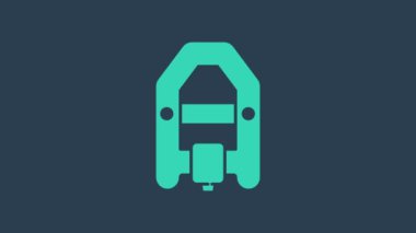 Turkuaz Rafting teknesi ikonu mavi arka planda izole edildi. Kürekleri olan şişme bir tekne. Su sporları, ekstrem sporlar, tatil, tatil. 4K Video hareketli grafik canlandırması