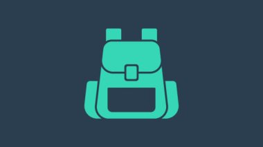 Turkuaz Yürüyüş sırt çantası simgesi mavi arkaplanda izole edildi. Kamp ve dağ gezisi sırt çantası. 4K Video hareketli grafik canlandırması