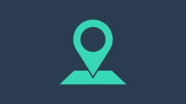 Mavi arkaplanda turkuaz harita pin simgesi izole edildi. Navigasyon, işaret, konum, harita, GPS, yön, yer, pusula, arama konsepti. 4K Video hareketli grafik canlandırması