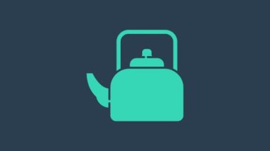 Mavi arka planda ikonu olan turkuaz çaydanlık. Çaydanlık ikonu. 4K Video hareketli grafik canlandırması