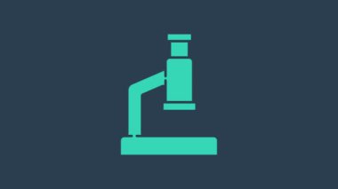 Turkuaz mikroskop simgesi mavi arkaplanda izole edildi. Kimya, ilaç aleti, mikrobiyoloji büyütme aracı. 4K Video hareketli grafik canlandırması