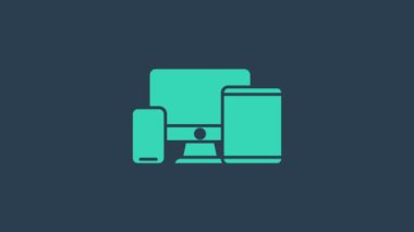 Turkuaz bilgisayar monitörü, grafik tablet ve cep telefonu simgesi mavi arkaplanda izole edildi. İnternetten kazanç, pazarlama. 4K Video hareketli grafik canlandırması