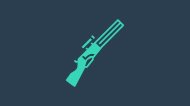 Mavi arka planda izole edilmiş turkuaz av silahı ikonu. Av tüfeği. 4K Video hareketli grafik canlandırması