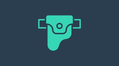 Tabanca kılıfında turkuaz tabanca, mavi arka planda ateşli silah ikonu var. 4K Video hareketli grafik canlandırması