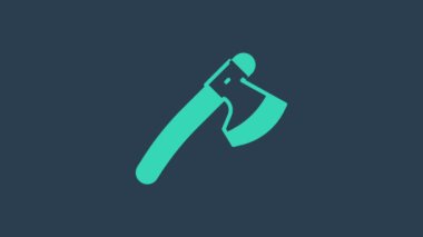 Turkuaz ahşap balta simgesi mavi arkaplanda izole edildi. Oduncu baltası. 4K Video hareketli grafik canlandırması