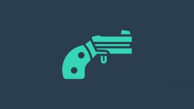 Turkuaz küçük tabanca tabancası ikonu mavi arka planda izole edildi. Nefsi müdafaa için cep tabancası. Bayanlar tabancası. Casus silahı. 4K Video hareketli grafik canlandırması