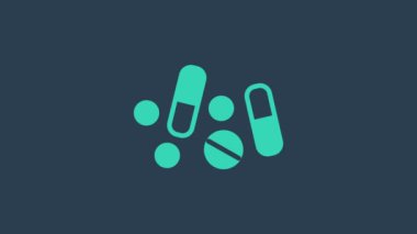 Mavi arka planda izole edilmiş turkuaz ilaç veya tablet ikonu. Kapsül hapı ve uyuşturucu işareti. Eczane tasarımı. 4K Video hareketli grafik canlandırması