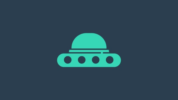 Turkusowy UFO latający statek kosmiczny ikona izolowane na niebieskim tle. Latający spodek. Kosmiczny statek kosmiczny. Futurystyczny, nieznany obiekt latający. 4K Animacja graficzna ruchu wideo — Wideo stockowe