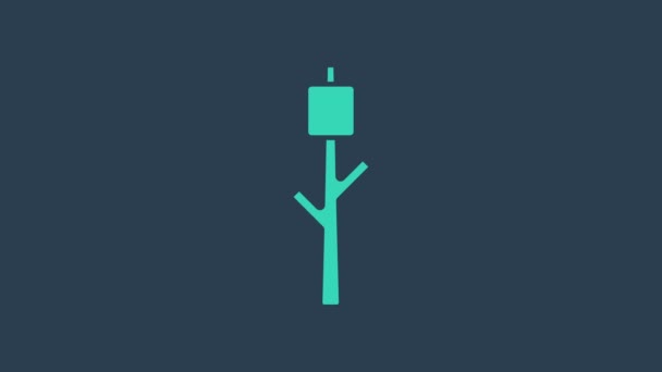 Marshmallow turquesa en el icono de palo aislado sobre fondo azul. Animación gráfica de vídeo 4K — Vídeos de Stock