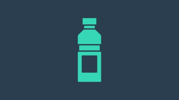 Turkusowa butelka ikony wody odizolowana na niebieskim tle. Napój sodowy. 4K Animacja graficzna ruchu wideo — Wideo stockowe
