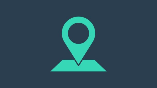 绿松石地图别针图标孤立在蓝色背景.导航，指针，位置，地图，GPS，方向，位置，罗盘，搜索概念。4K视频运动图形动画 — 图库视频影像