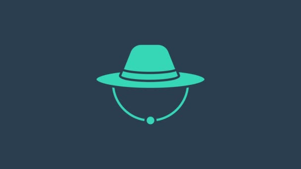 Turkos Camping hatt ikon isolerad på blå bakgrund. Strandhatt panama. Explorer resenärer hatt för jakt, vandring, turism. 4K Video motion grafisk animation — Stockvideo