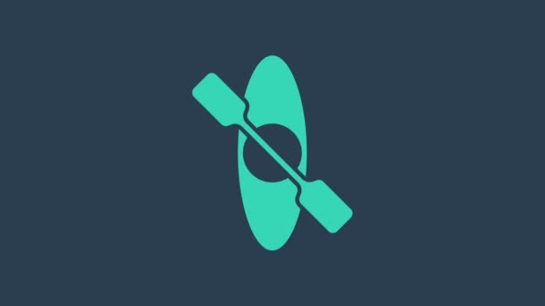 Tyrkysová ikona kajaku a pádla izolované na modrém pozadí. Kajak a kánoe pro rybaření a cestovní ruch. Venkovní aktivity. Grafická animace pohybu videa 4K — Stock video