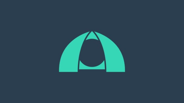 Бирюзовый значок туристической палатки выделен на синем фоне. Символ лагеря. Видеографическая анимация 4K — стоковое видео