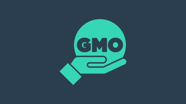 Бирюзовый значок ГМО изолирован на синем фоне. Генетически модифицированный акроним организма. Модификация пищевой ДНК. Видеографическая анимация 4K — стоковое видео