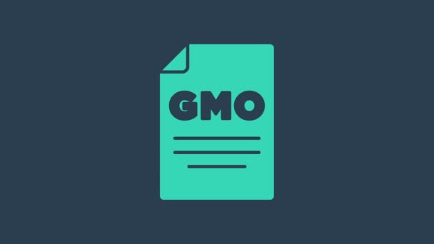 Icona degli OGM turchese isolata su sfondo blu. Acronimo di organismo geneticamente modificato. Modifiche del DNA alimentare. Animazione grafica 4K Video motion — Video Stock