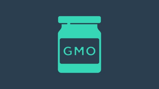 Turkusowa ikona GMO izolowana na niebieskim tle. Genetycznie zmodyfikowany akronim organizmu. Modyfikacja żywności Dna. 4K Animacja graficzna ruchu wideo — Wideo stockowe