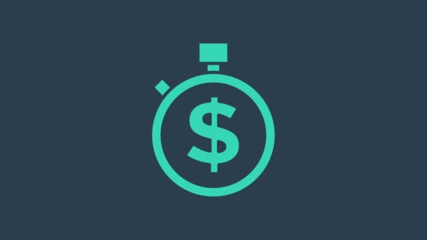 Turquoise Time es el icono del dinero aislado sobre fondo azul. El dinero es tiempo. Gestión eficaz del tiempo. Convertir tiempo en dinero. Señal de cronómetro. Animación gráfica de vídeo 4K — Vídeos de Stock