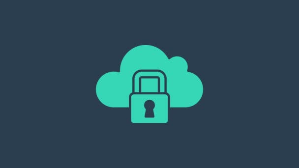 Turquesa Cloud computing bloqueo icono aislado sobre fondo azul. Seguridad, seguridad, concepto de protección. Protección de datos personales. Animación gráfica de vídeo 4K — Vídeo de stock