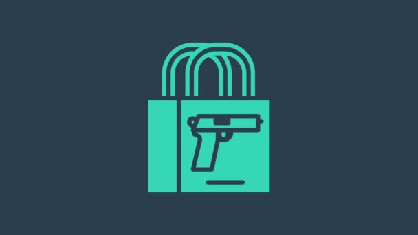 Turkoois Kopen pistool pistool pictogram geïsoleerd op blauwe achtergrond. Wapen kopen. 4K Video motion grafische animatie — Stockvideo