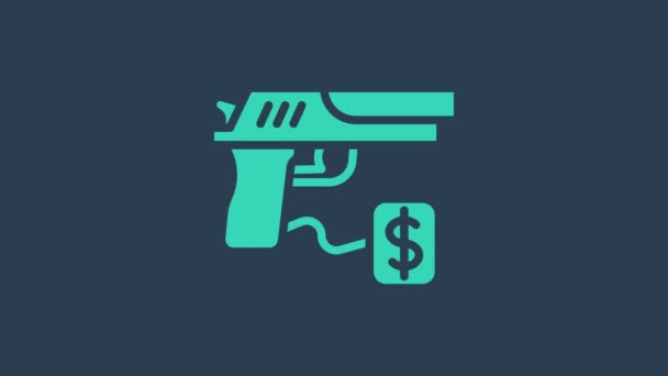 Türkis Kauf Pistole mit Preisschild Symbol isoliert auf blauem Hintergrund. Waffenkauf. 4K Video Motion Grafik Animation — Stockvideo