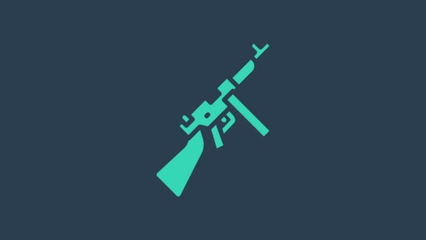 Иконка бирюзового пулемёта Томпсона, выделенная на синем фоне. Пистолет-пулемет. Видеографическая анимация 4K — стоковое видео