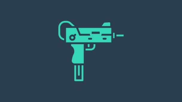 Пистолет-пулемет UZI из бирюзы, выделенный на синем фоне. Автоматическое оружие. Видеографическая анимация 4K — стоковое видео