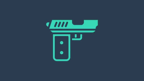 Türkiz Pisztoly vagy pisztoly ikon elszigetelt kék alapon. Rendőrség vagy katonai fegyver. Kézifegyver. 4K Videó mozgás grafikus animáció — Stock videók