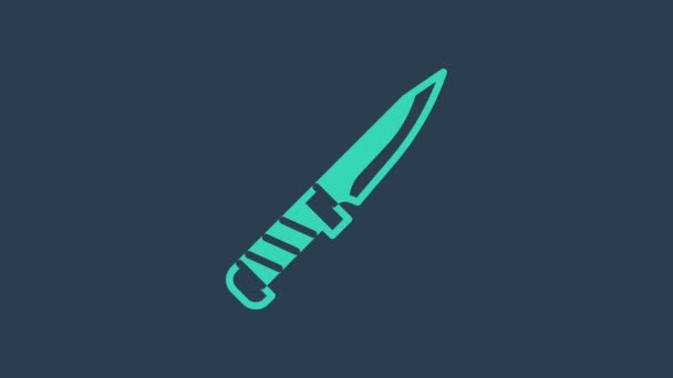 Mavi arka planda izole edilmiş turkuaz askeri bıçak ikonu. 4K Video hareketli grafik canlandırması — Stok video