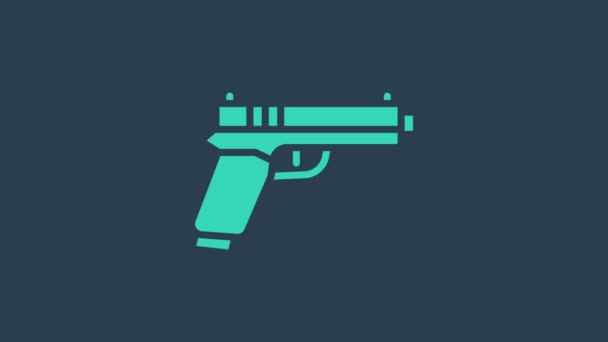 Pistola turchese o pistola icona isolata su sfondo blu. Polizia o pistola militare. Piccola arma da fuoco. Animazione grafica 4K Video motion — Video Stock