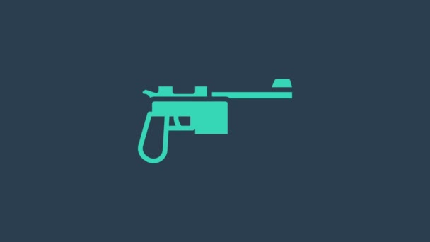 Türkiz Mauser fegyver ikon elszigetelt kék háttérrel. A Mauser C96 egy félautomata pisztoly. 4K Videó mozgás grafikus animáció — Stock videók