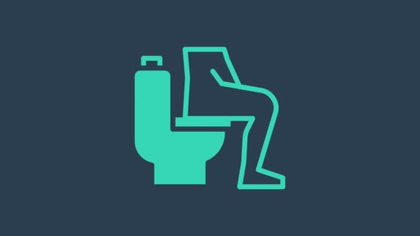 Turkoois Mannen zitten op het toilet en obstipatie ervaren ernstige buikpijn pictogram geïsoleerd op blauwe achtergrond. 4K Video motion grafische animatie — Stockvideo