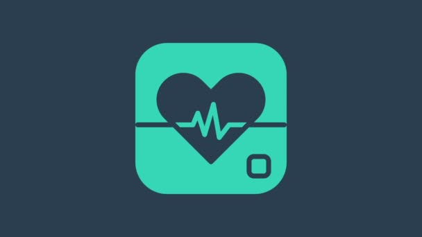绿松石心率图标孤立在蓝色背景.心跳的迹象。心脏脉搏图标。心电图图标。4K视频运动图形动画 — 图库视频影像