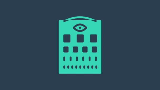 Turkoois Oogkaart pictogram geïsoleerd op blauwe achtergrond. Affiche voor het testen van het gezichtsvermogen in oogonderzoek. Snellen kaart. 4K Video motion grafische animatie — Stockvideo
