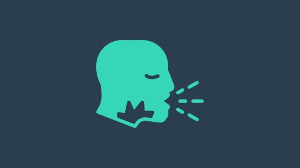 Turquesa Hombre toser icono aislado sobre fondo azul. Infección viral, gripe, gripe, síntoma de resfriado. Tuberculosis, paperas, tos ferina. Animación gráfica de vídeo 4K. — Vídeo de stock
