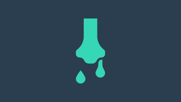 Icona naso turchese Runny isolato su sfondo blu. Sintomi di rinite, trattamento. Naso e starnuti. Malattie nasali. Animazione grafica 4K Video motion — Video Stock