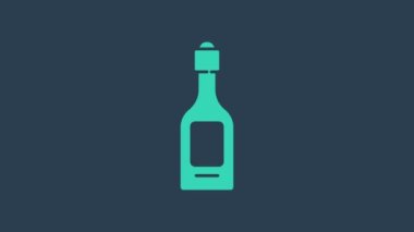 Turkuaz şampanya şişesi ikonu mavi arka planda izole edilmiş. 4K Video hareketli grafik canlandırması