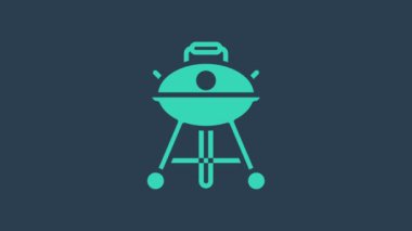 Turkuaz Izgara Izgara ikonu mavi arka planda izole edildi. Barbekü ızgara partisi. 4K Video hareketli grafik canlandırması