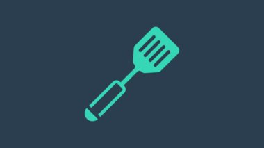 Turkuaz Spatula simgesi mavi arkaplanda izole edildi. Mutfak spatula ikonu. Barbekü spatula işareti. Barbekü ve ızgara aleti. 4K Video hareketli grafik canlandırması
